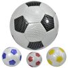 4 balones de fútbol, blanco con negro, blanco con azul, blanco con rojo y blanco con amarillo