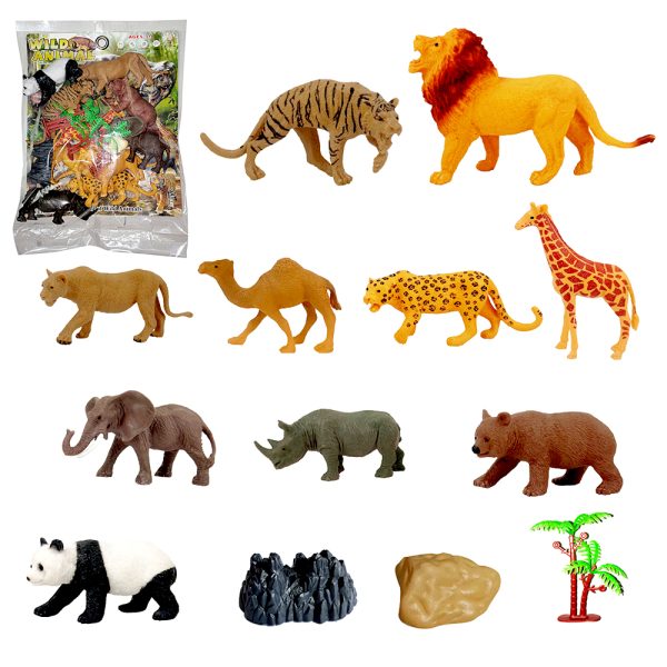 10 animales salvajes diferentes, jirafa, puma, león, rinoceronte, oso pardo, elefante, oso panda, camello, leopardo, tigre, 2 piedras, un árbol